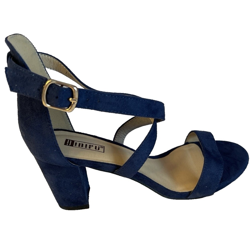 blue suede womens comfort 3 inch heel cross strap buckle‎ open toe size 8